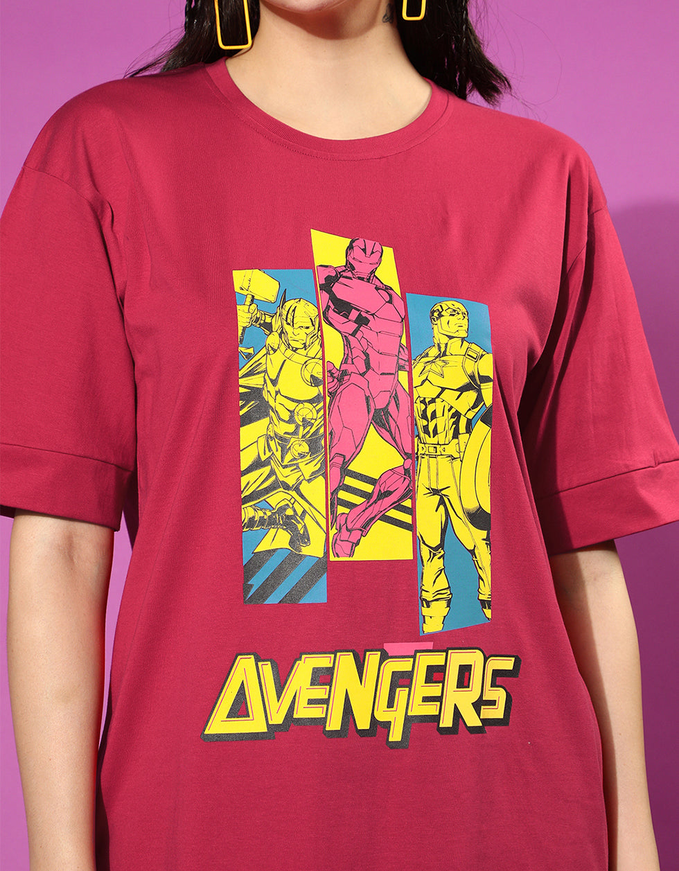 Avengers Magenta Oversized Fit Graphic T-Shirt