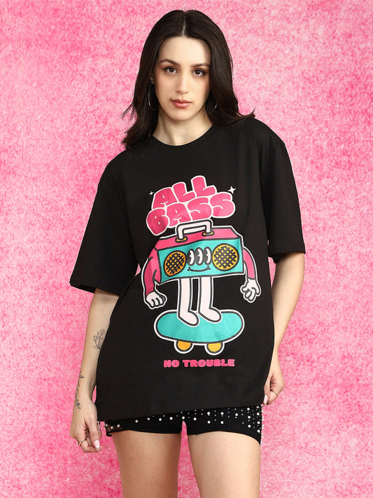 All Bass Black Oversized Graphic Printed T-Shirt