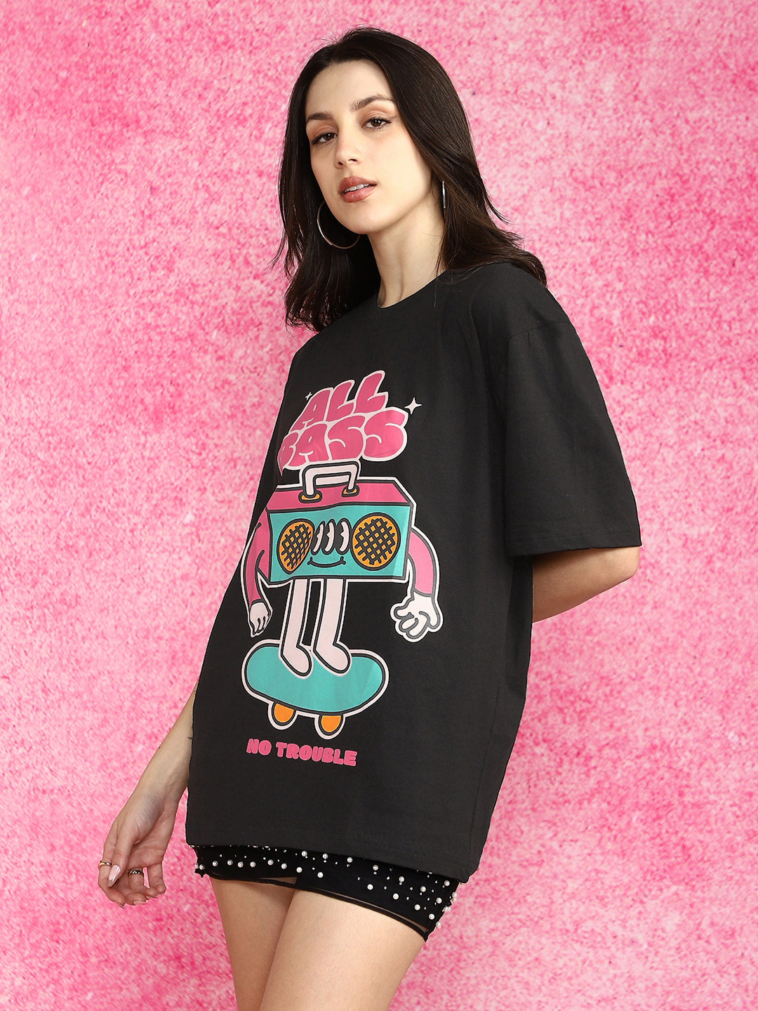 All Bass Black Oversized Graphic Printed T-Shirt