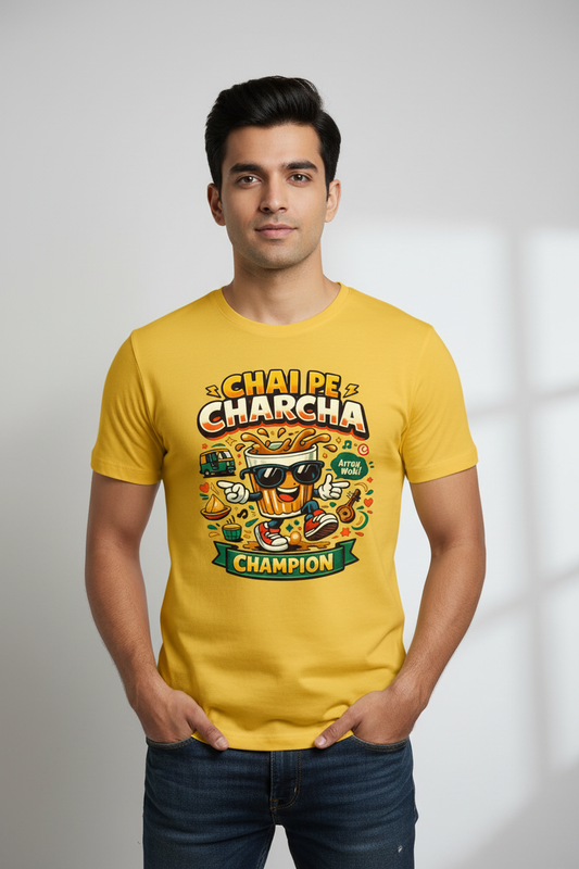 Indian male model wearing yellow t-shirt
