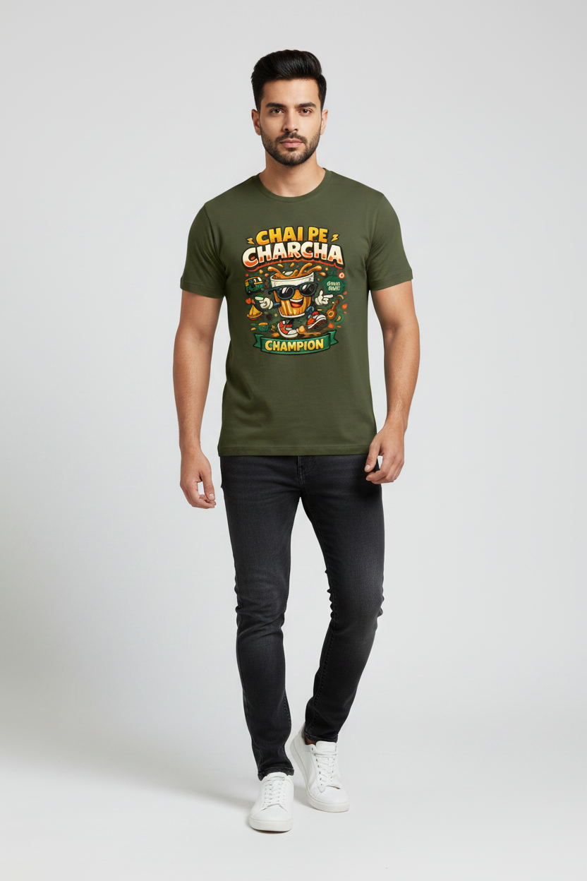 Indian male model wearing green t-shirt