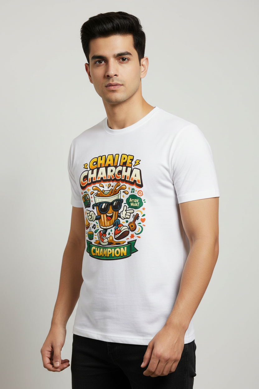 Indian male model wearing white t-shirt