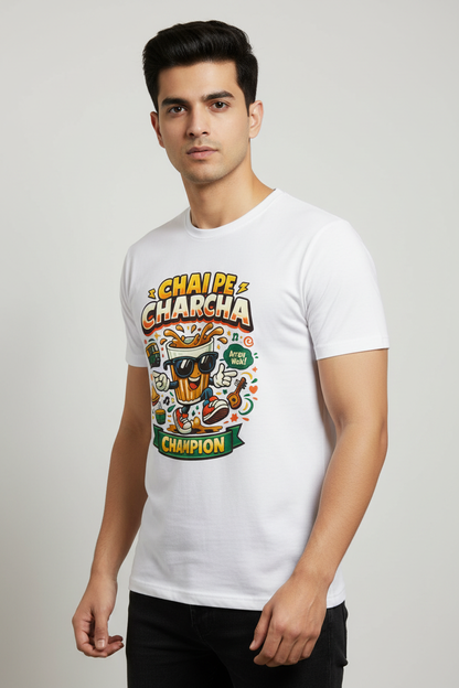 Indian male model wearing white t-shirt