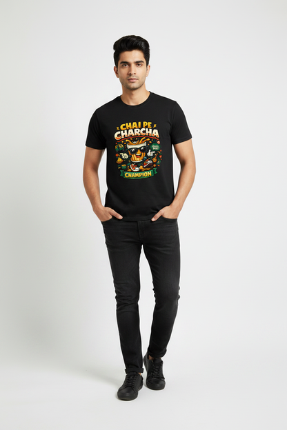 Indian male model wearing black t-shirt